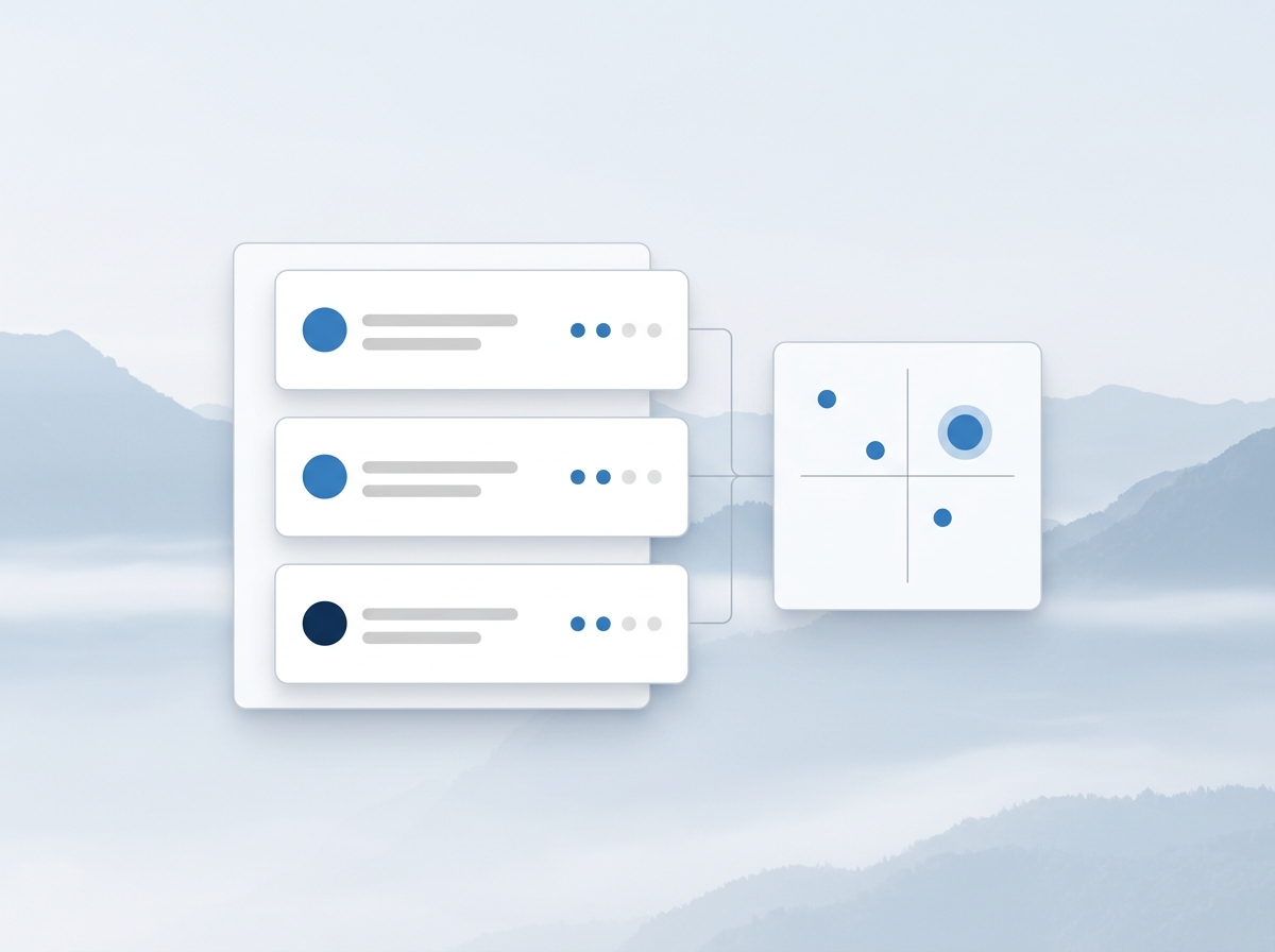 Stacked use-case cards with scores and an effort-value matrix