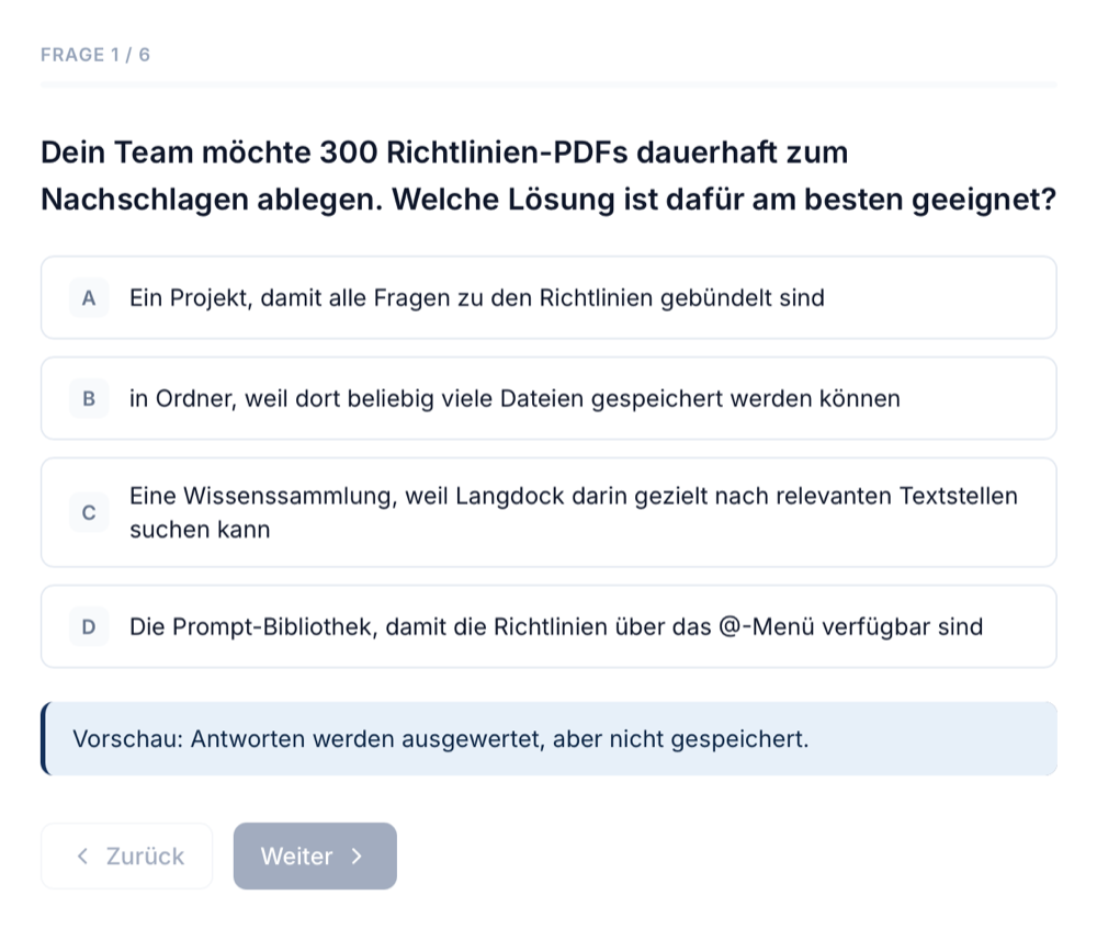 Quizfrage mit Antwortauswahl zu einem Anwendungsfall